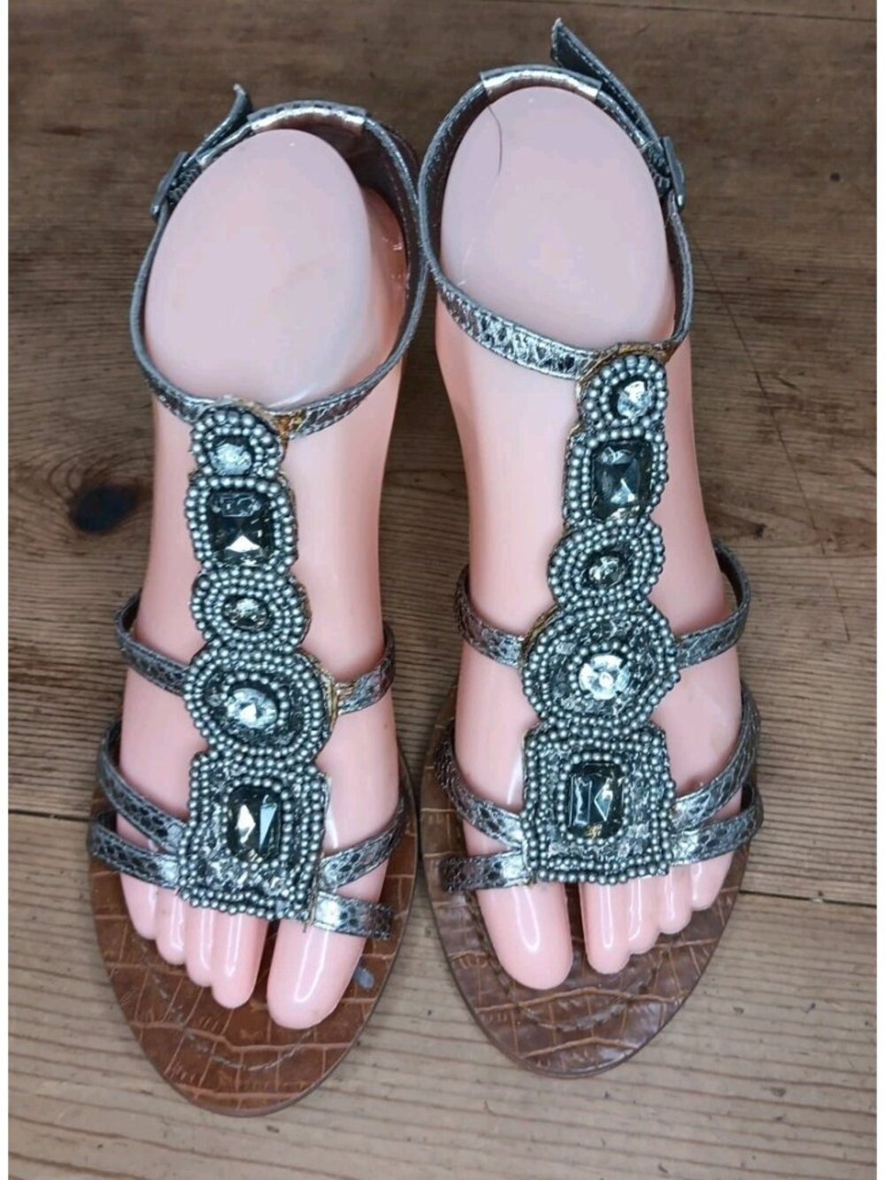 Sam Edelman Daley Sandal Womens 7.5 Silver Bling Rhinestone Beaded Summer Vacay - Picture 5 of 8